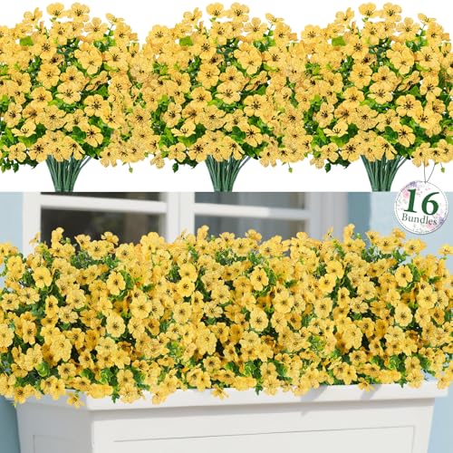 Bassion 16 Bundles Artificial Flowers for Outdoors Fake Flowers, Yellow - color: Yellow