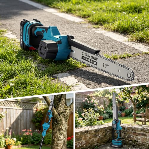 10 Inch Pole Saw with Telescopic High Branch Pole, Pruning Shear Scissors & 2x 4000mAh Batteries - Cordless Extendable Tree Trimmer Branch Cutter for High Limb Trimming