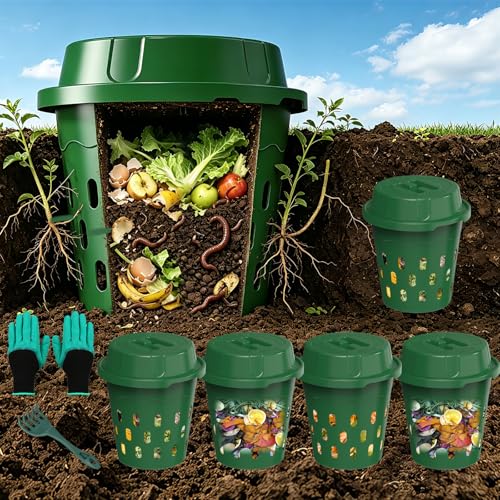 6-Pack Inground Worm Farm, Outdoor Worm Composting Bin, 8L - color: Green, size: 6-Pack
