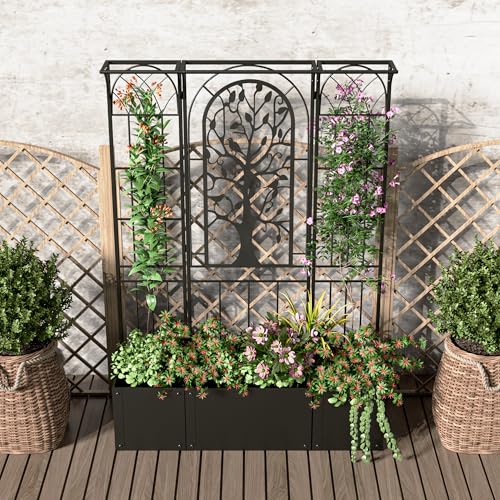 Metal Planter Box with Trellis, Outdoor Raised Garden Bed, Black - color: Black