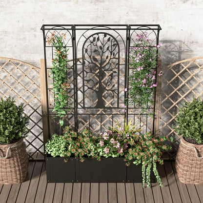 Metal Planter Box with Trellis, Outdoor Raised Garden Bed, Black - color: Black