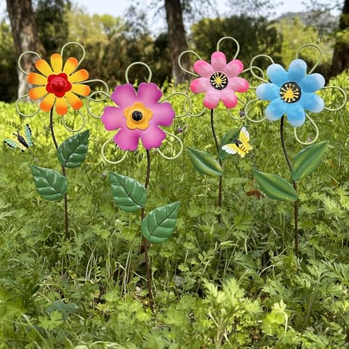Metal Flowers for Outside, 4-Pack Decorative Garden Stakes - color: Blue, pink, yellow&purple