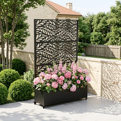 Pia Ricco Planter Box with Trellis, Privacy Planter for Climbing Plants - color: Black-flow Leaf, size: Large