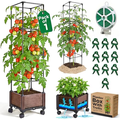 1 Pack Self Watering Tomato Planter with Trellis 64 Inch, Raised Garden Bed with Trellis - Planter Box for Climbing Plants, Tomato Pot for Vegetables, Vine Flowers, Indoor, Outdoor, Patio - size: 64 inches
