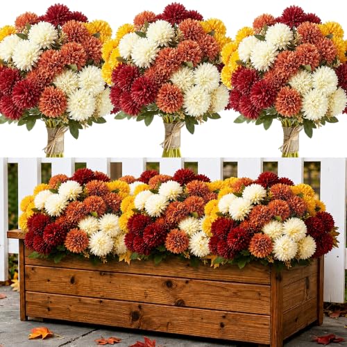 12Pcs Artificial Fall Mums for Outdoors, UV Resistant Fake Silk Mums - color: Burnt Orange+golden Yellow+burgundy+cream White