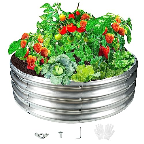 Durable Round Galvanized Steel Raised Garden Bed for Planting,Round Galvanized Steel Fire Ring/Fir Pit 36-Inch for Outdoor- 3×3×1FT,0.8MM Thick (36 ins Diameter x 12 ins high, Silver) - color: Silver, size: 36 inches diameter x 12 inches high