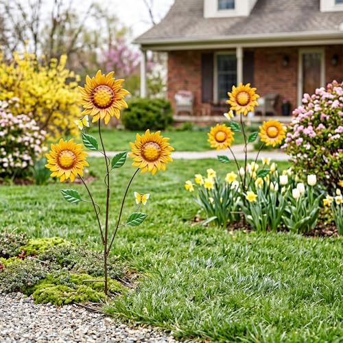 2-Pack Metal Flowers for Outside, 30-Inch Sunflower Yard Stakes - color: Yellow, Brown