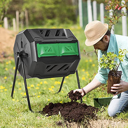 Tumbling Compost Bin Outdoor 360° Dual Chamber Rotating Composter, 43 Gallon, Green