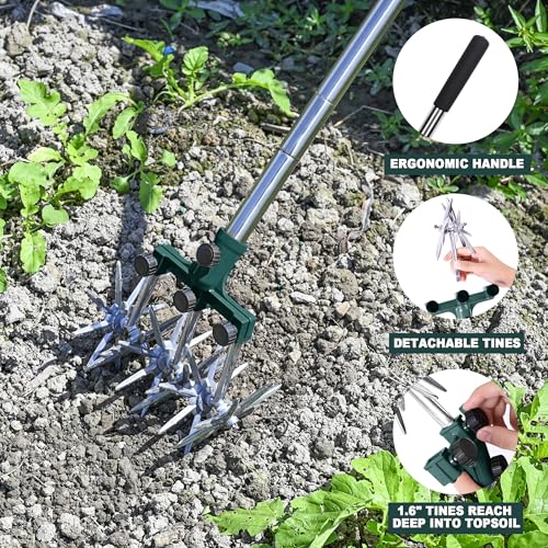 BARAYSTUS Rotary Cultivator Garden Rotary Tiller Adjustable Stainless Steel Poles Hand Tiller for Soil Mixing or Reseeding Grass Lawn Tiller Total Length 57 Inch - color: green