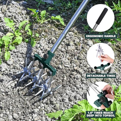 BARAYSTUS Rotary Cultivator Garden Rotary Tiller Adjustable Stainless Steel Poles Hand Tiller for Soil Mixing or Reseeding Grass Lawn Tiller Total Length 57 Inch - color: green