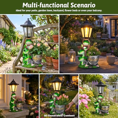 Solar Frog Outdoor Garden Statue with Flowerpot & Lantern - color: Frog