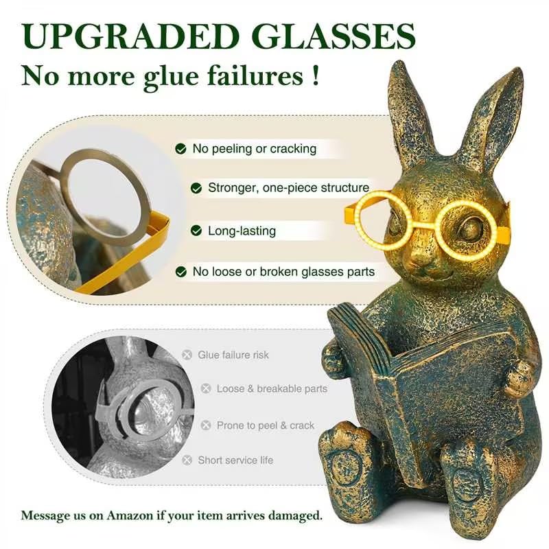 Reading Rabbit Garden Decor with Solar-Powered Glasses Light - size: Rabbit