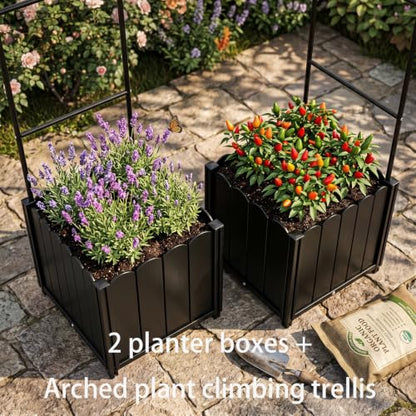 Raised Garden Bed with 3-in-1 Arch Trellis, & Black Plastic Planters