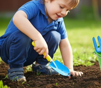 JustForKids Kids Garden Tool Set, 2 Pack STEM Educational Gardening Kit with Wooden-Handle Metal Pails, Plastic-Handle Shovel, Rake & Cultivator, Outdoor Toys & Gift for Toddlers Boys Girls Ages 3-8 - style: 2 Pack of Green and Blue Water Pails + Small To