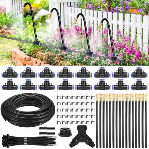 M METERXITY 1-Set Drip Irrigation System, 98Ft 1/4" Hose Garden Watering Misting System with 16pcs 360° Adjustable Copper Nozzles for Greenhouse/Yard/Lawns, Atomizing Watering Accessories - color: Black + Gold Tone, size: 98Ft 1/4"