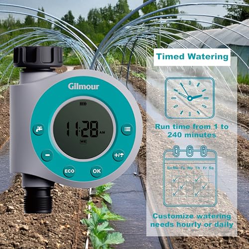 Gilmour Single Outlet Water Timer for Garden Hose, Programmable Automatic Watering System, LCD Screen, Rain Delay, Battery Operated - size: Single Outlet