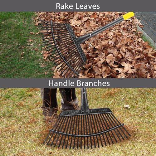 Leaf Rake, 30-76 inch Garden Rakes for Leaves Heavy Duty Long Handle, 25 Tines 18" Wide Metal Thatch Lawn Gravel Shrub Yard Landscape Rake for Leaves and Grass - style: 30-76"