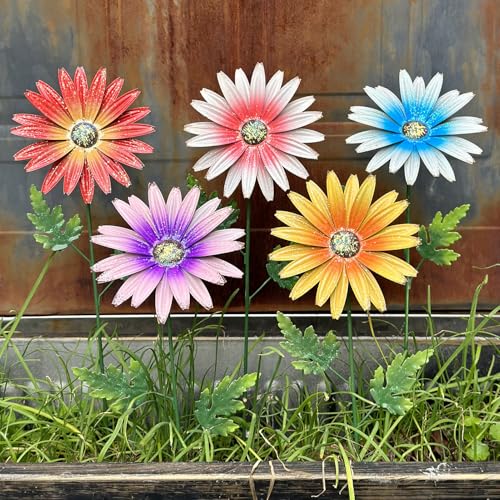 Metal Flowers for Outside, 5-Pack Decorative Garden Stakes - color: Colour-o555