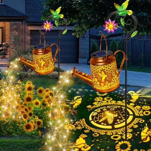 Solar Watering Can Lights, Hummingbird Hanging Lanterns Outdoor, Gardening Gifts for Mom Women Grandma Birthday, Waterproof Solar Lights Garden Decor for Outside Yard Art Patio Porch Lawn Backyard - style: 2 Pack-Hummingbird with Sunflower