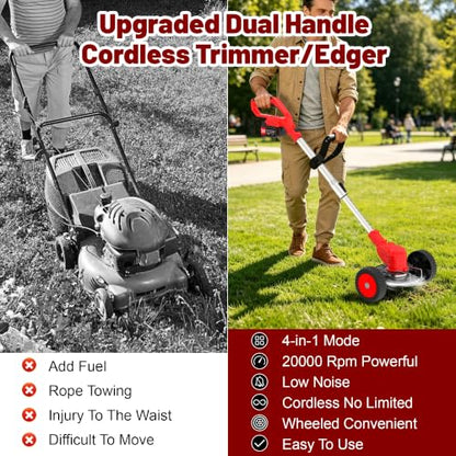 21V Cordless Weed Wacker with 2 Batteries & Wheels, Battery Powered Weed Eater, Electric String Trimmer, Grass Trimmer & Lawn Edger 4-in-1, Lightweight Weed Trimmer for Lawn Garden