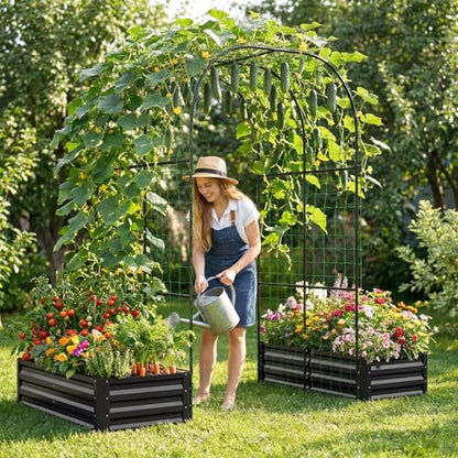 DoCred 4x2x1Ft Raised Garden Bed with 87"H Arch Trellis for Climbing Plants - color: Black