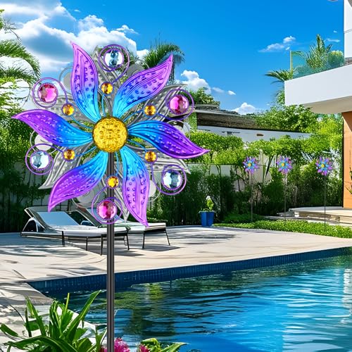 Violet Metal Wind Spinner Outdoor, Kinetic Yard Art with Stake