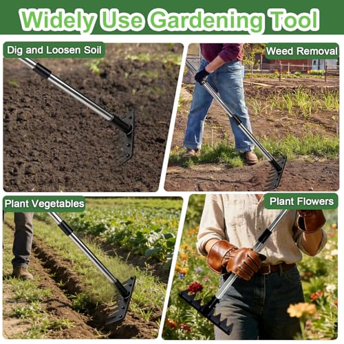 Weed Puller Tool Stainless Steel 8 Tines Manual Weeder Tool with Adjustable Length Handle, Weeder Rakes for for Yard, Patio, Lawn and Garden - size: 8 TINES