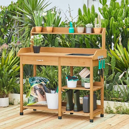 Yaheetech Potting Bench with Sink & Drawer, Outdoor Gardening Table, Wood - color: Wood