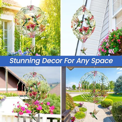 FLAGWIX Hummingbird Wind Spinner, 12 in Stainless Steel Garden Decor - color: Hummingbirds and Flowers