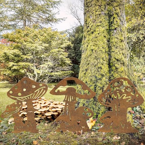 Resama 3 Piece Rusty Metal Mushroom Garden Stakes - color: Mushroom-R