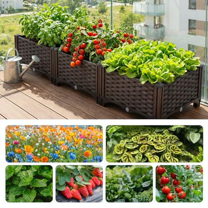 3 Planter Boxes Rectangular Raised Garden Bed Kit Indoor Outdoor Plastic Planter Grow Box for Fresh Vegetables, Herbs, Flowers & Succulents, Brown, 46.4'' X 15.7'' X 8.46''