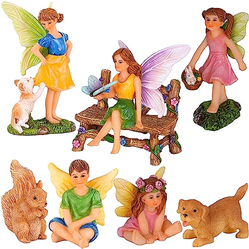 Mood Lab Fairy Garden Figurines with Animals - Miniature Decorative Statues & Accessories Set (8 pcs) - Outdoor & Indoor Garden Decor