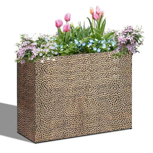 Tall Planters for Outdoor Plants - Hand-Hammered Metal Large Rectangular Block Planter Box with Drainage Holes, Modern Planters Indoor Outdoor Flower Plant Pots Patio Yard Front Porch Deck,32x12x24" - color: Copper