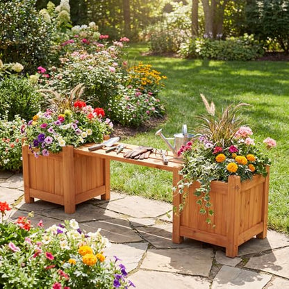 HAPPYGRILL Outdoor Bench with 2 Raised Garden Beds - size: 42" x 11" x 11.5"