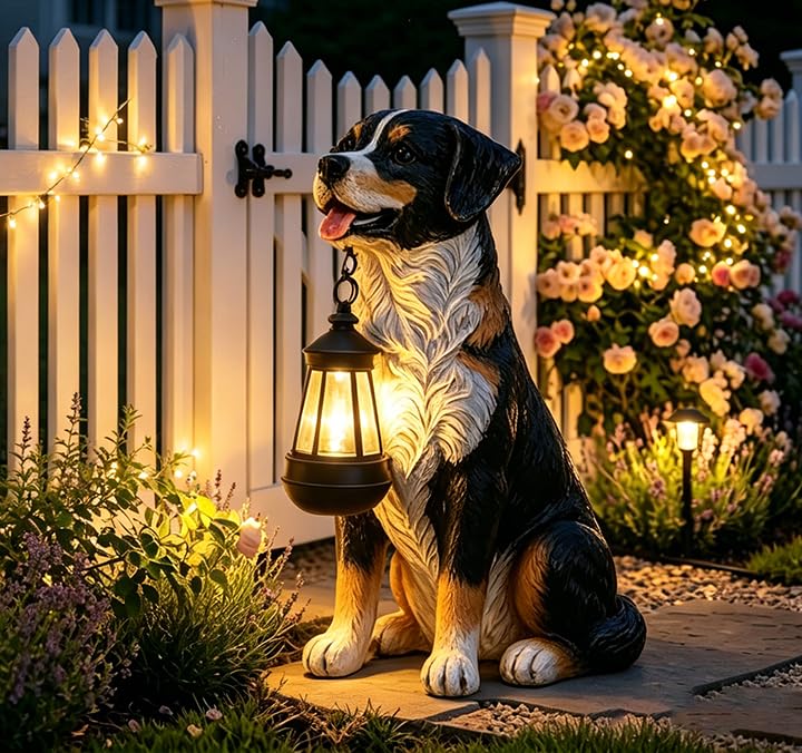 Dog Garden Statue, Bernese Mountain Dog Statue Holding Lantern Yard Art - style: Bernese Mountain Dog