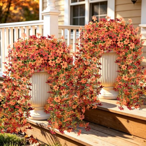 Artificial Hanging Flowers for Outdoors, 4 PCS 688-Bloom UV Resistant Mums - color: Orange Burgundy Gradient