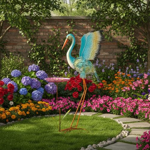 39" Large Heron Garden Statue,Crane Outdoor Statues with Leaf Tray - color: 39 Inch Green+pink With Leaf Tray