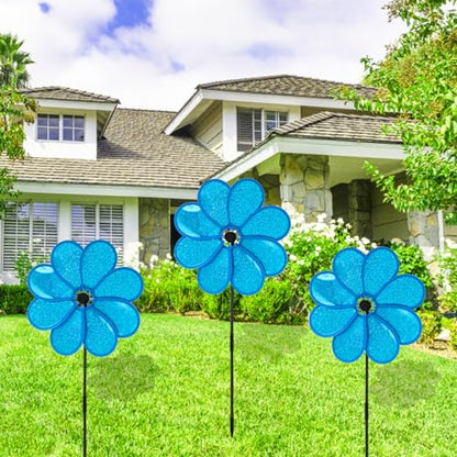 4PCS Flower Wind Spinner Sparkly Lawn Pinwheel 11.8 inch Blue Garden Windmill for Garden, Party, Outdoor, Yard Decor - size: Blue