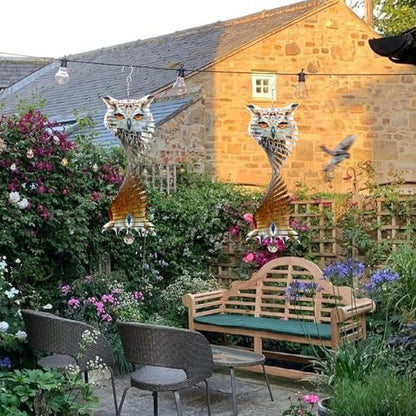 2-in-1 Metal Wind Spinners with Double Sided Owl Picture Bird Reflector for Window, Outdoor Patio, Garden, Farm (1, 12x5.6 in) - size: 12x5.6 in