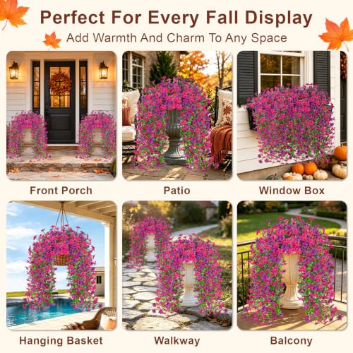 Artificial Hanging Flowers for Outdoors, 4 PCS 688-Bloom UV Resistant Mums - color: Fuchsia Lightpurple