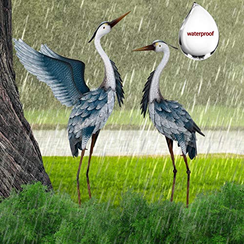 TERESA'S COLLECTIONS Garden Decor, Set of 2 Herons Garden Decor, 23-25", Elegant Herons with Blue Painting, Waterproof Metal Garden Statue, Birthday Gifts for Women Mom - size: Medium