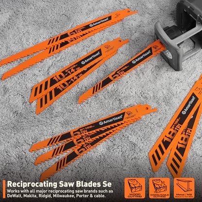 AMARTISAN 10-Piece Bi-Metal Reciprocating Saw Blade Set 6 to 8 Inch Used for Wood & Metal Cutting, Drywall, Plastic and Composite Materials - size: Reciprocating Saw Blades (10-Piece)
