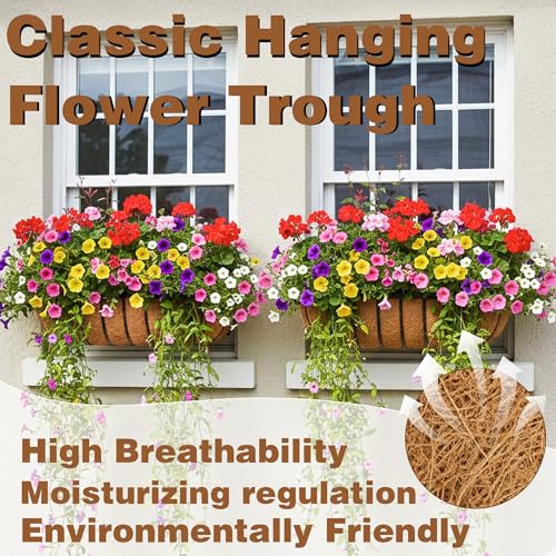 2 Pcs 36“ Railing Planter Window Box Deck Railing Planter Boxes with Coco Liner English Horse Trough Planters Metal Wall-Mounted Planters Basket for Outdoor Balcony Porch Fence Patio Rail - size: 36 Inch