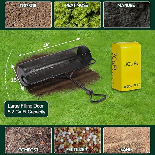 Compost and Peat Moss Spreader with Updated 2 in 1 ATV & T Shaped Handle, 16”WX44”L, Lawn and Garden Peat Moss Roller w/Laser Cutting Wire Mesh Baskets for Spreading Manure, Topsoil