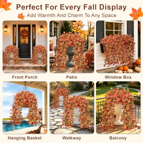 Artificial Hanging Flowers for Outdoors, 4 PCS 688-Bloom UV Resistant Mums - color: Orange Burgundy Gradient