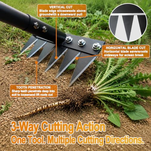 6-Tine Dual-Blade Weed Rake , 35-65" Ergonomic No-Bend Iron Weeding Rake