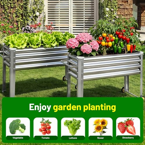Land Guard 2 Pack Galvanized Raised Garden Bed with Legs & Wheels, 36×12×32in Metal Elevated Raised Planter Box for Backyard, Patio, Balcony, 300lb Capacity, Silver - color: Silver, size: 36×12×32in (2-Pack)