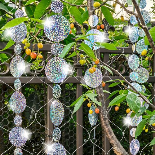 5 Pack Reflective Bird Scare Discs Set, 40 Inch Long Bird Scare Hanging Devices Double-Sided Reflectors Deterrents Keep Birds Away for Garden, Orchards, Patio, Yard (Silver) - color: Silver