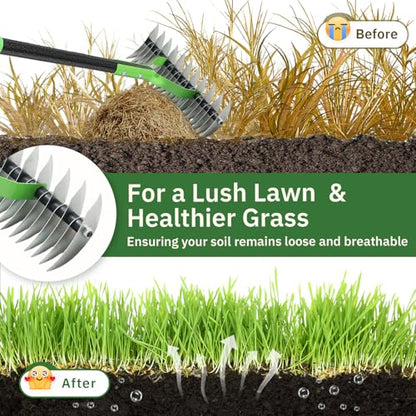 Thatch Rake, 13" Wide Efficient Dethatcher Rake with 70" Adjustable Long Handle, Heavy Duty Steel Metal Dethatching Rakes for Cleaning Dead Grass, Loosening Soil, Lawn Care in Yard Garden - size: 70"