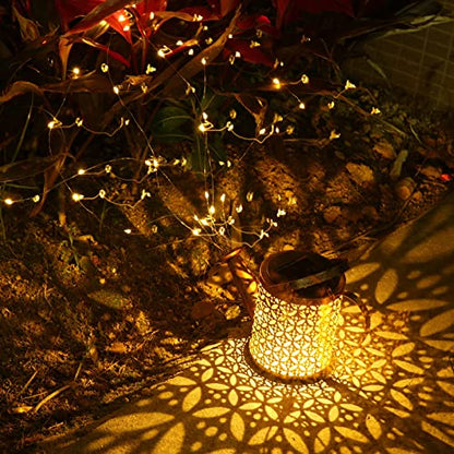 Solar Watering Can with Lights, Small Outdoor Lanterns Hanging Waterproof Garden Decor, Retro Metal Kettle Solar Light for Table Patio Yard Pathway Walkway (with Install String Light)
